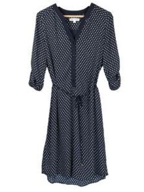 Navy Blue & White Print Dress 3/4 Sleeve Button Down Tie Waist Casual